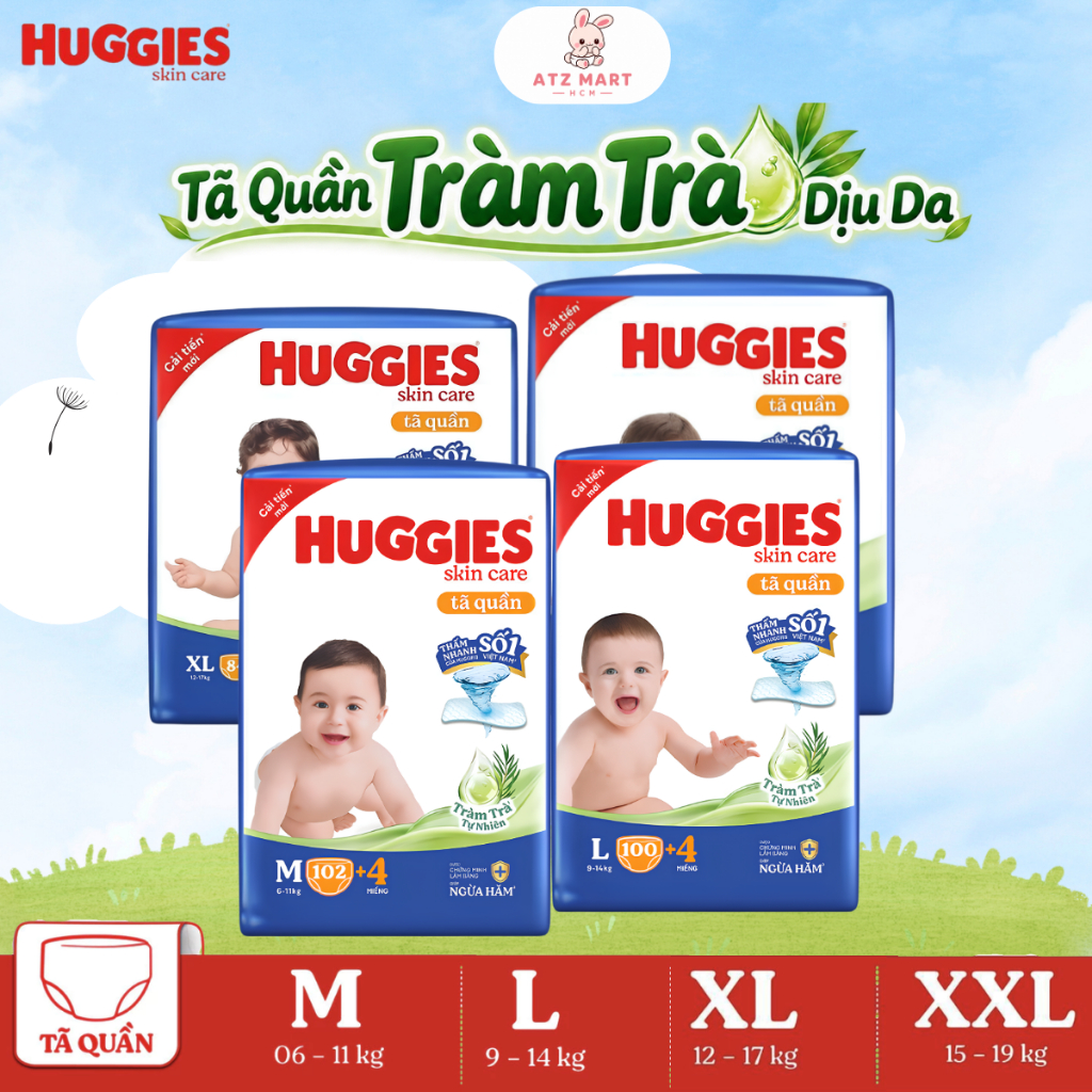 Bỉm Tã Quần Chính Hãng Huggies Skincare Mega Jumbo Tràm Trà Ngừa Hăm, Thoáng Mát, Dịu Da M/L/XL/XXL