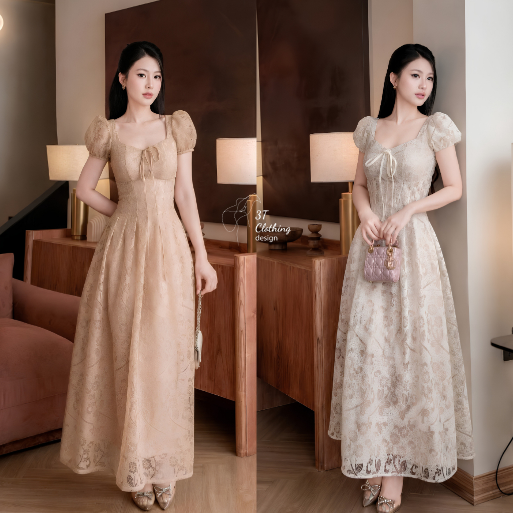 [3T CLOTHING] Đầm Váy Dáng Dài Nữ Ren Hoa Lót Lụa 2 Lớp Thiết Kế Tay Phồng Cổ Vuông Váy Xòe Tôn Dáng