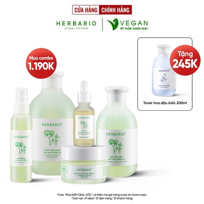 Bộ 5 rau má và diếp cá Herbario: Nước tẩy trang 300ml + Sữa rửa măt 200ml + Xịt khoáng 100ml +Mặt nạ 30ml+Tinh chất 30ml
