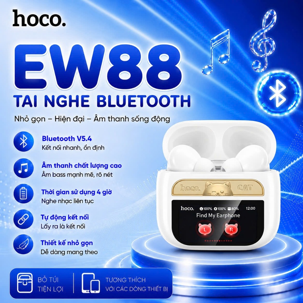 Tai nghe Bluetooth V5.4 Hoco EW88 sử dụng đến 4h, dung lượng pin 280mAh ,kết nối ổn định