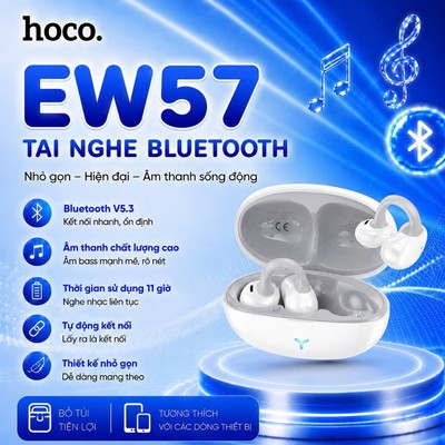 Tai nghe Bluetooth V5.3 Hoco EW57 sử dụng lên đến 11 giờ, pin khủng 450mAh, thiết kế kẹp vành tai tiện lợi nhỏ gọn