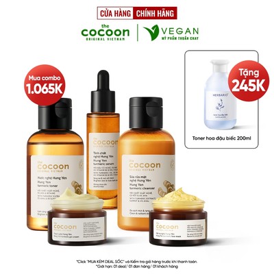 Bộ 5 sản phẩm nghệ cocoon: Sữa rửa mặt nghệ 140ml + Mặt nạ nghệ 30ml + Toner nghệ 140ml+Tinh chất nghệ+ Thạch nghệ 30ml