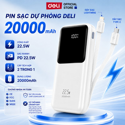 Pin Sạc Dự Phòng DELI 10000mAh 20000mAh Sạc Nhanh 22.5W Tích Hợp 2 Dây Cáp Sạc Cùng Lúc Nhiều Thiết Bị Mang Lên Máy Bay