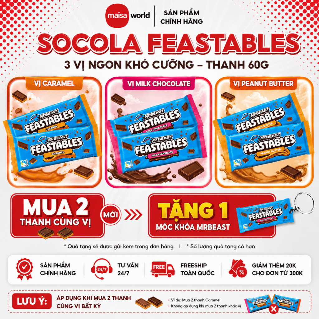 [Chính Hãng] Socola Feastables MrBeast 60g | Đầy Đủ Hương Vị | Mua 2 Tặng 1