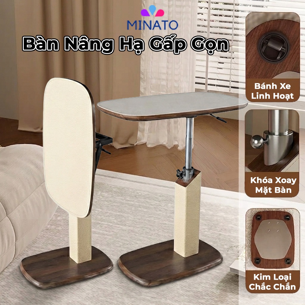 Bàn Sofa MINATO 40x60cm Nâng Hạ 59–80cm – Xoay 360°, Gập Mặt Bàn, Bàn Laptop
