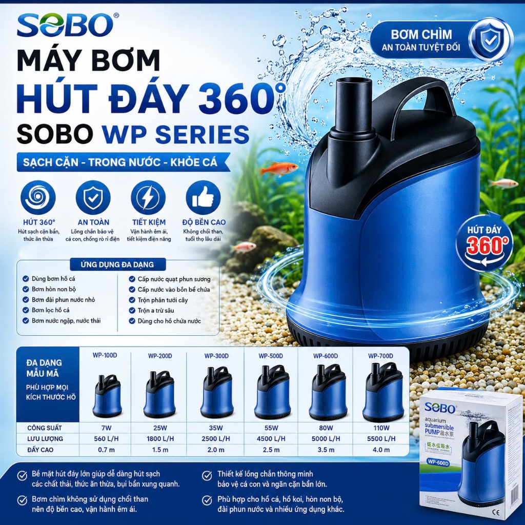 Máy bơm hút đáy 360 của SOBO với 4 mẫu mã bao gồm Sobo WP-100D Sobo WP-200D, WP-300D, WP-500D, WP-700D