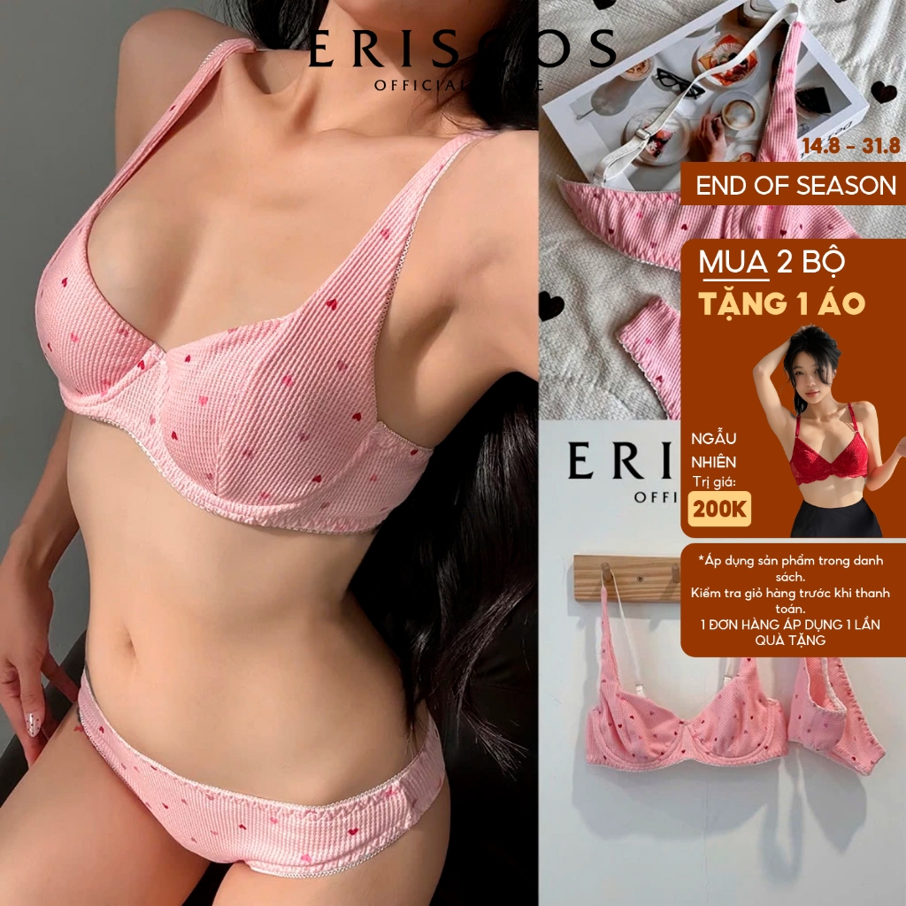 Renata - Bộ cotton hồng trái tim có gọng không mút mix viền cao giúp ôm quả tròn quả tạo khe tự nhiê
