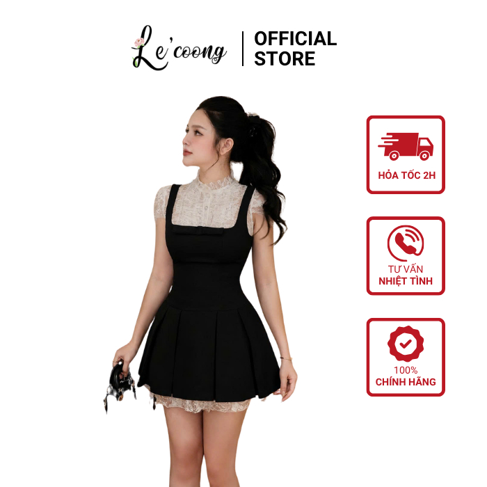 Váy Tiểu Thư Phối Áo Ren LECOONG V895 Váy Đẹp Xếp Ly Tôn Dáng Sang Chảnh