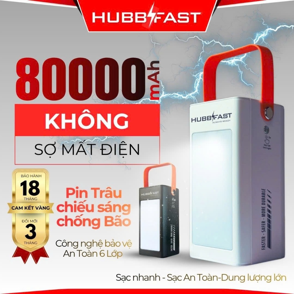 Sạc tích điện 80000mAh HUBBFAST PD100, Sạc nhanh 22.5W, đèn 10 ngày, Bảo Hành chính hãng 18 tháng
