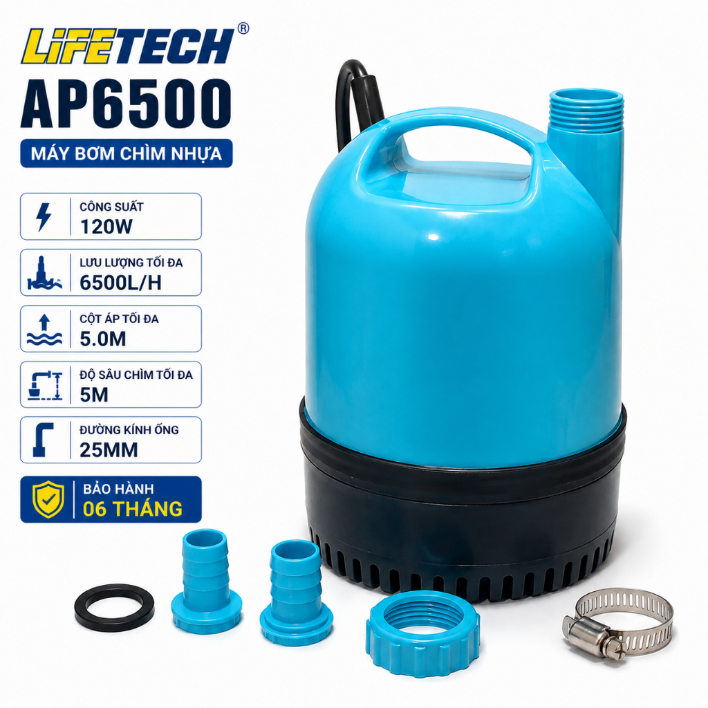 Máy bơm chìm nhựa bơm hồ cá, hòn non bộ Lifetech AP6500 (120W)