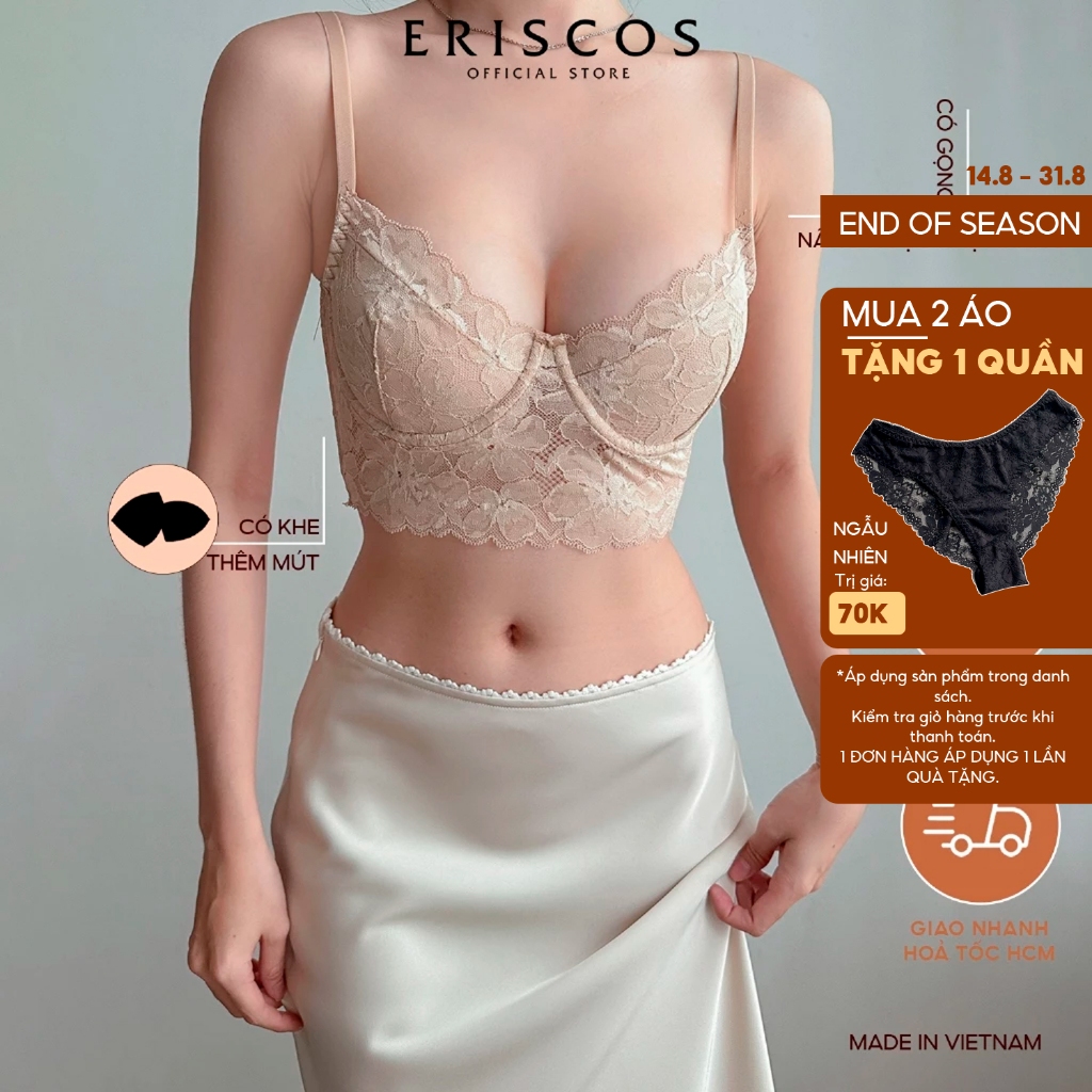 [MỚI] Áo bra ren corset croptop nữ màu da (nude) có gọng nâng nhẹ có mút theo kèm áo quả chéo 2 xươn