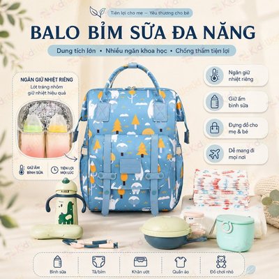 Balo túi đựng bỉm sữa tích hợp cổng sạc USB KidsWorld CareFreeFox giữ nhiệt bình sữa nhiều ngăn chống thấm cho mẹ bé