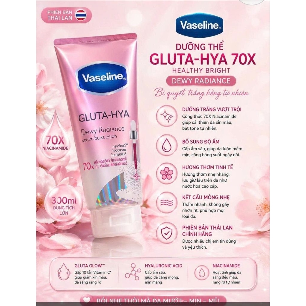 Dưỡng Thể Vaseline 70x 300mlDƯỠNG THỂ VASELINE GLUTA-HYA 70X – MẪU  MỚI
