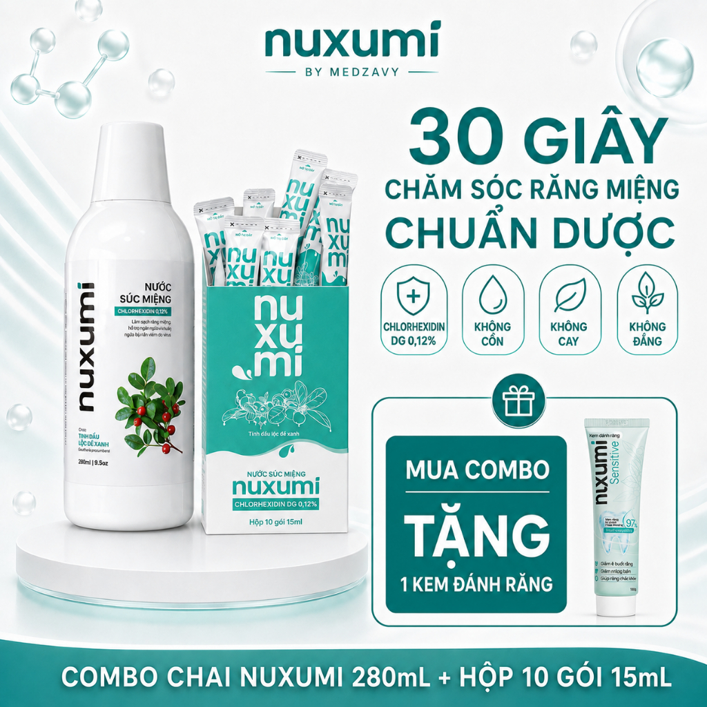 Combo Nước Súc Miệng Nuxumi Không Cồn, Giảm Hôi Miệng, Bảo Vệ Nướu Chai 280ml & Hộp 10 gói 10ml