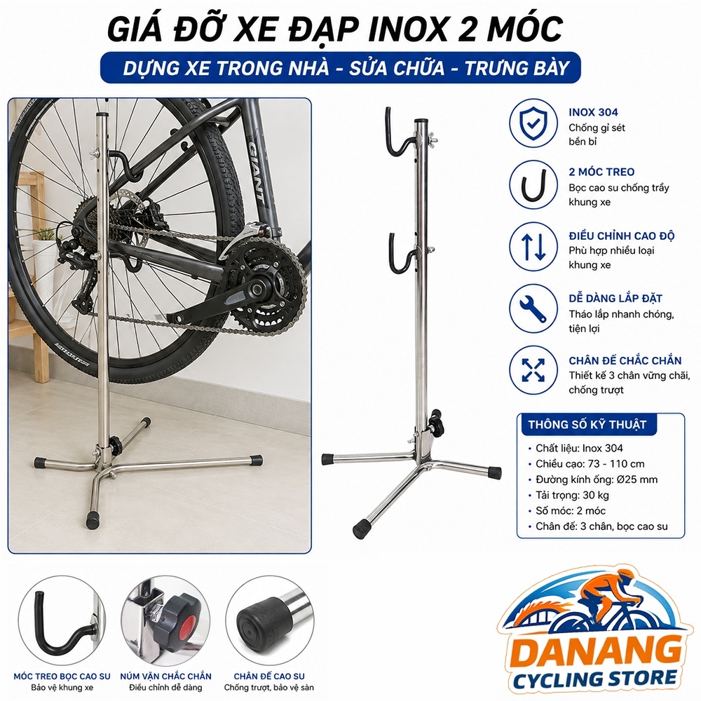 Giá Đỡ Xe Đạp INOX 2 Móc Dựng – Dựng Xe Trong Nhà, Sửa Chữa, Trưng Bày MTB/Road