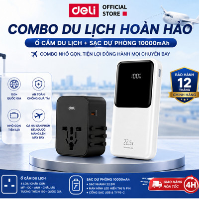 COMBO Sạc Dự Phòng 10000mAh + Ổ Cắm Du Lịch DELI Sạc Nhanh 22.5W Chân Cắm Mỹ Úc Anh Châu Âu Dùng Cho Đa Quốc Gia