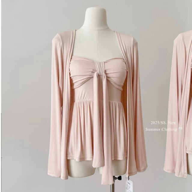 SẴN [BIGSIZE L-4XL] Set Áo Bigsize Nữ Ống Quây Màu Hồng Phối Nơ Kèm Áo Khoác Cardigan Bigsize Nữ 202