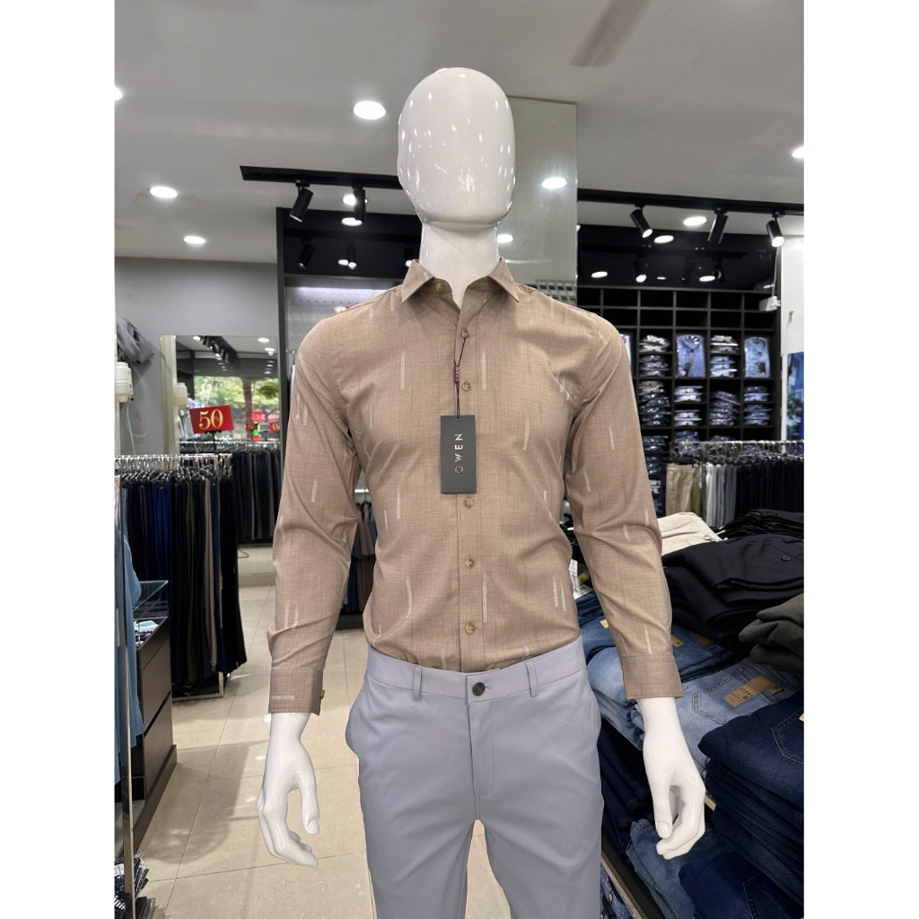 Áo sơ mi nam dài tay Owen dáng slim fit AS230682D màu be sọc, chất liệu bamboo chống nhăn mềm mại