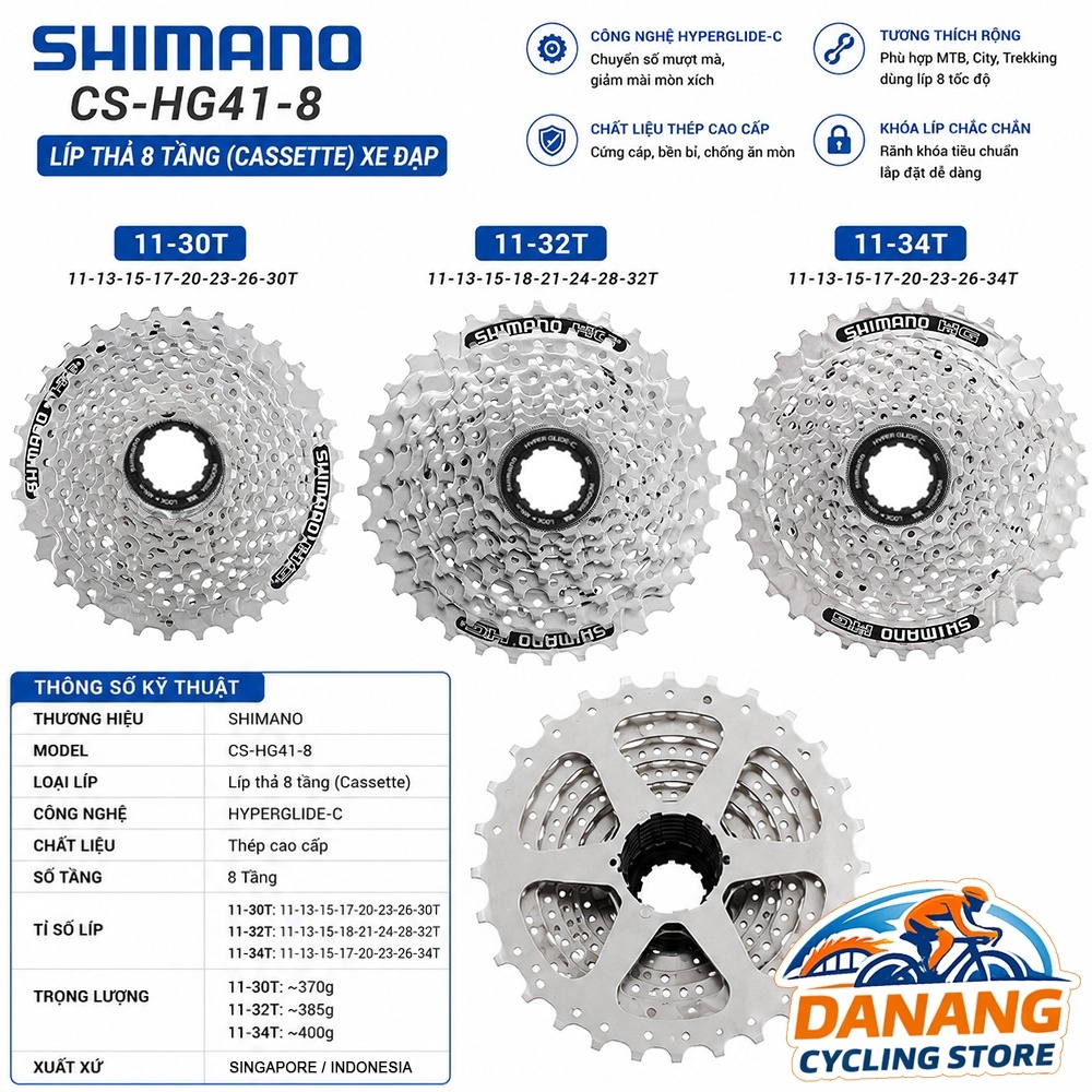 Líp Thả 8 Tầng (Cassette) Xe Đạp SHIMANO CS HG41 11-30T / 11-32T / 11-34T – Chính Hãng, Không Hộp
