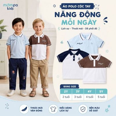Áo Polo cho bé Mompa 2-5 tuổi cộc tay vải Cotton co giãn mềm mại thoáng khí MP 0544
