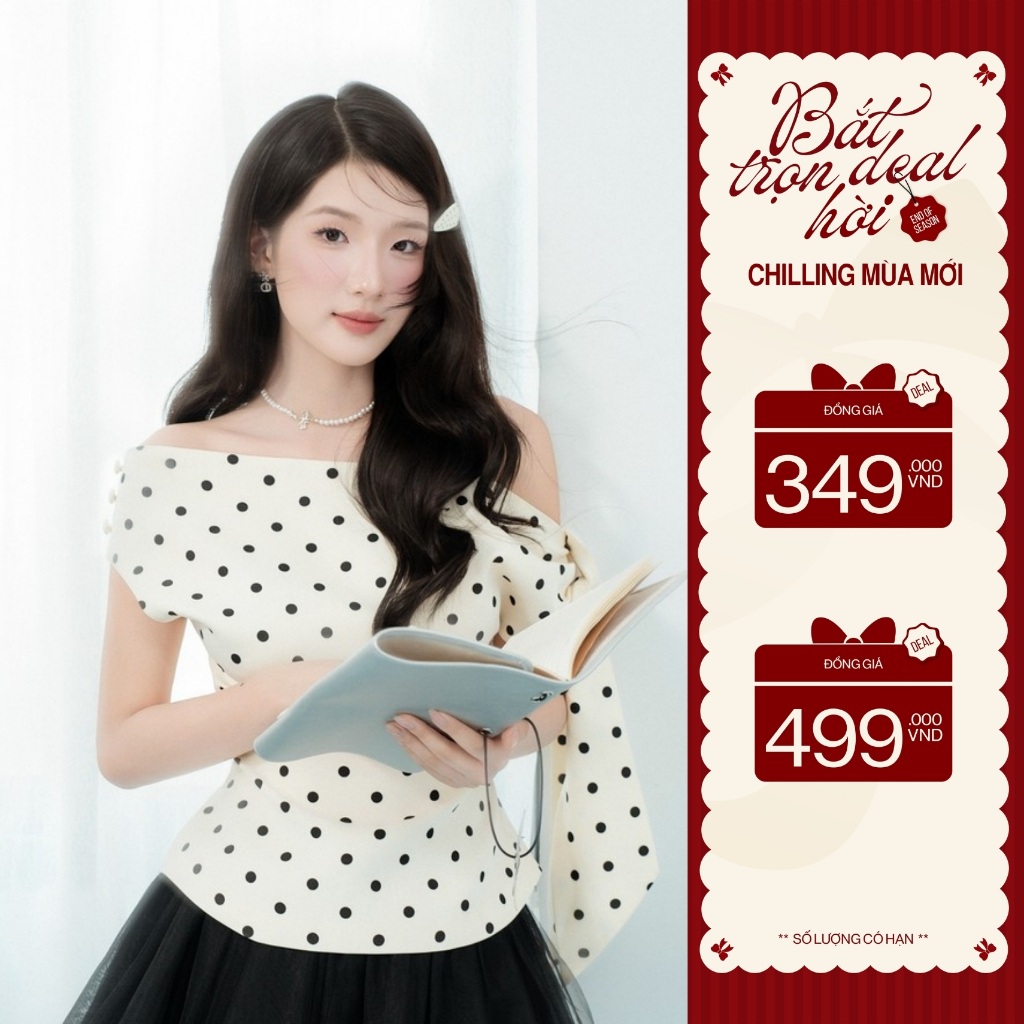 ZAMYSHOP - Áo thiết kế lệch vai chấm bi, tà buộc lệch trên vai điệu đà