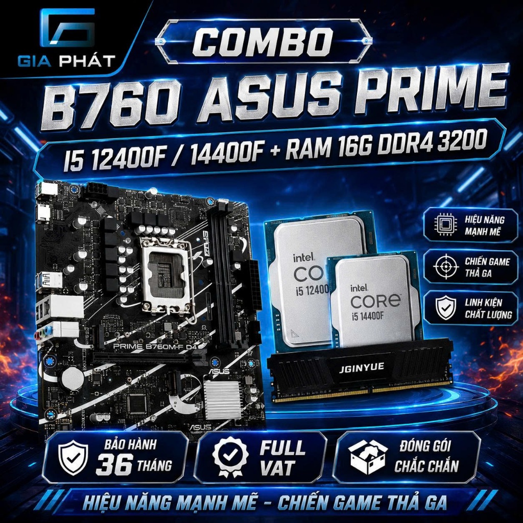 COMBO MAIN B760 ASUS PRIME + CPU I5 12400F / 14400F / I3 12100F + Ram 16G 3200 D4| BH 36T | FULL VAT