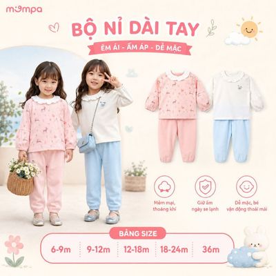 Bộ dài tay cho bé Mompa 6 tháng - 3 tuổi vải Cotton Nỉ dày dặn co giãn mềm mại MP 0571