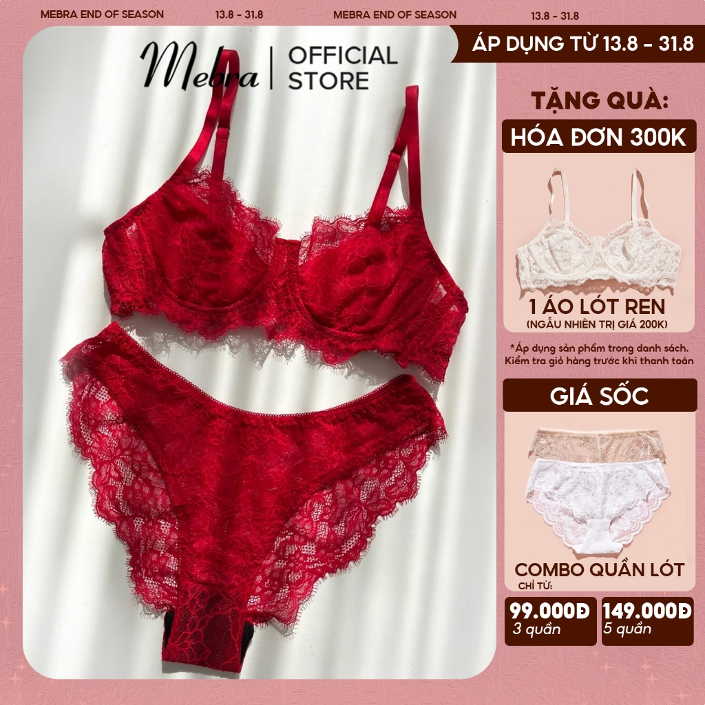 ROSE l Bộ đồ lót ren nữ gợi cảm ren mi đỏ áo bra áo ngực có gọng nâng không mút quần lót cánh tiên M