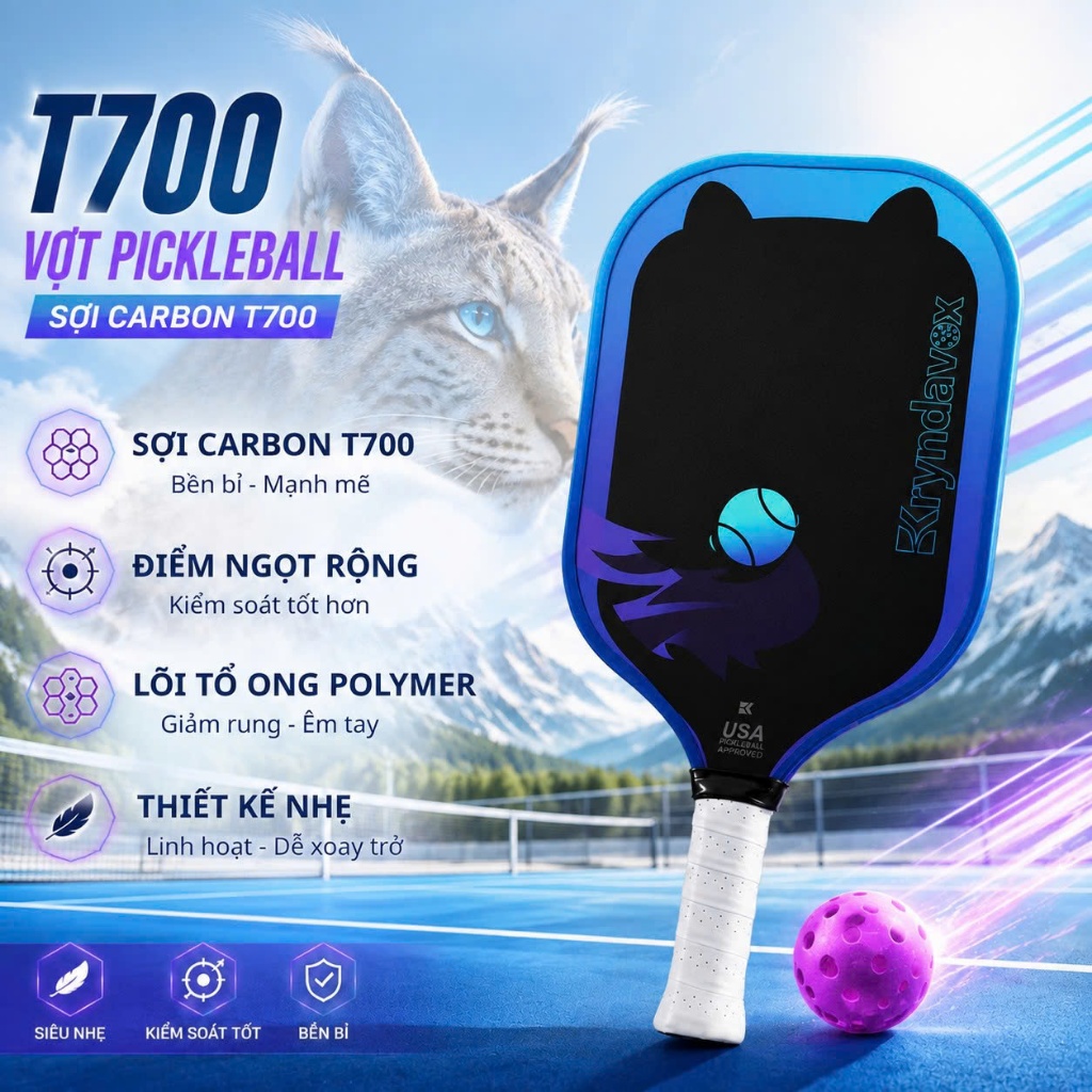 Vợt Pickleball Kryndavox T700 Linh Miêu Sợi Carbon T700 USA Approved Chính Hãng Siêu Nhẹ Kiểm Soát B