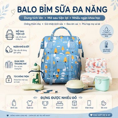 Balo bỉm sữa túi giữ nhiệt bình sữa KidsWorld Monesa CareFreeFox chống thấm 13ngăn đựng đồ cho mẹ bé