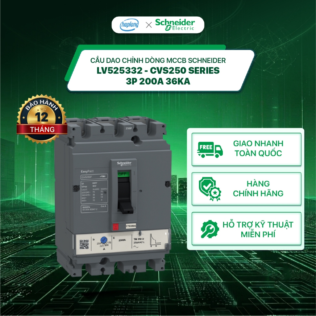 Cầu dao chỉnh dòng MCCB LV525332 Schneider - CVS250 Series 3P 200A 36kA