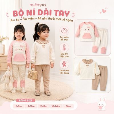 Bộ dài tay cho bé Mompa 6 tháng - 3 tuổi vải Cotton Nỉ dày dặn co giãn mềm mại MP 0572