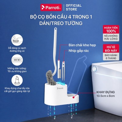 Bộ Cọ Bồn Cầu Dán Tường 4 Trong 1 Parroti, Bàn Chải Toilet Sợi Cước Mềm Kèm Nhíp Gắp Rác & Bàn Chải Khe Hẹp -CP41