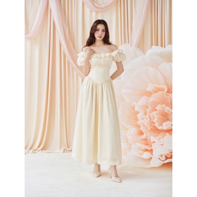 MARC FASHION_Đầm midi trễ vai phối bèo có tay_TRDD082648