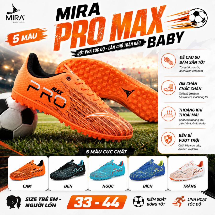 Giày Đá Bóng MIRA PRO MAX Chính Hãng, Giày Sân Cỏ Nhân Tạo Cao Cấp Chính Hãng Mira Promax, Bám Sân T