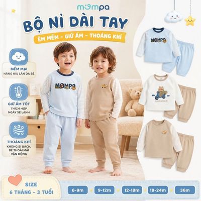 Bộ dài tay cho bé Mompa 6 tháng - 3 tuổi vải Cotton Nỉ dày dặn co giãn mềm mại MP 0574
