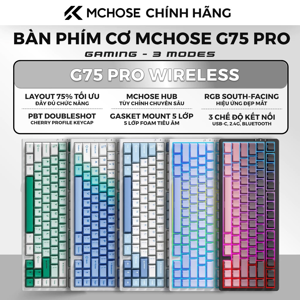 Bàn phím MCHOSE G75 Pro 3 mode kết nối Không dây Hotswap Pin 8000mAh - Hàng Chính Hãng