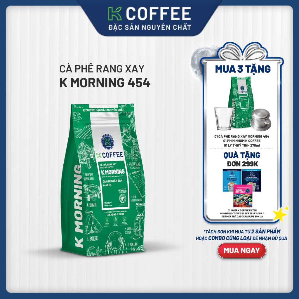 Cà phê Rang xay Đặc sản Nguyên chất Pha phin K Coffee K Morning 454g (cà phê phin, đen đá, cà phê sữ