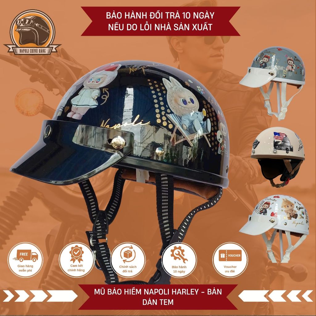 Mũ Bảo Hiểm Napoli Nửa Đầu [CHÍNH HÃNG] [FREESHIP] - Nón Bảo Hiểm Napoli Harley 1/2 N120 Pug Dán Tem