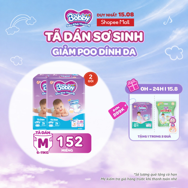 Combo 2 tã dán Bobby S80/M76/L68/XL62/XXL56 mới- Lõi nén cotton-soft 3mm