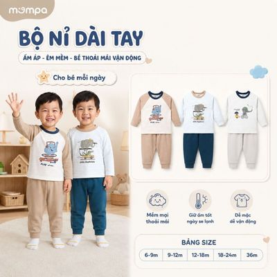 Bộ dài tay cho bé Mompa 6 tháng - 3 tuổi vải Cotton Nỉ dày dặn co giãn mềm mại MP 0575