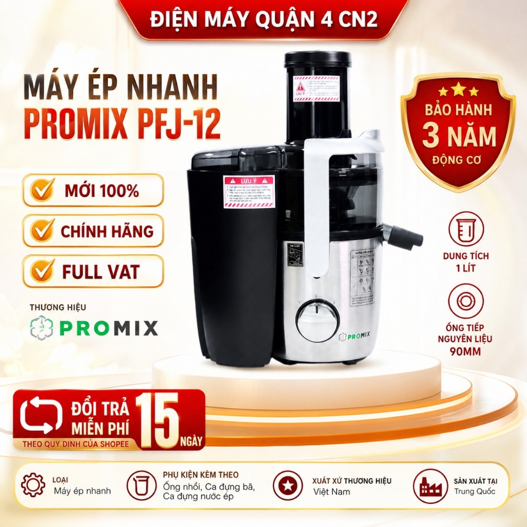 Máy Ép Nhanh Promix PFJ-12 Lưỡi Xay 3 Tầng 1200W Ống Tiếp 90mm