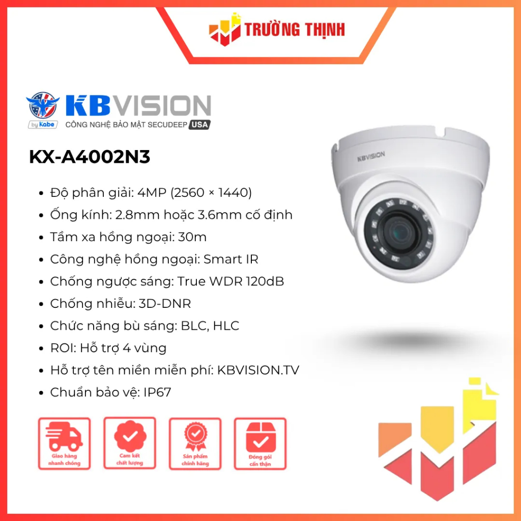 Camera IP bán cầu 4MP KBVISION KX-A4002N3 | Chống ngược sáng | IP67