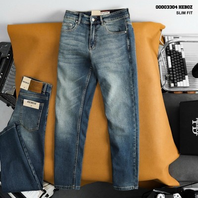 Quần jean nam HEBOZ dáng slim trơn D31 denim wash xanh dirty đậm co giãn thoải mái - 00003304