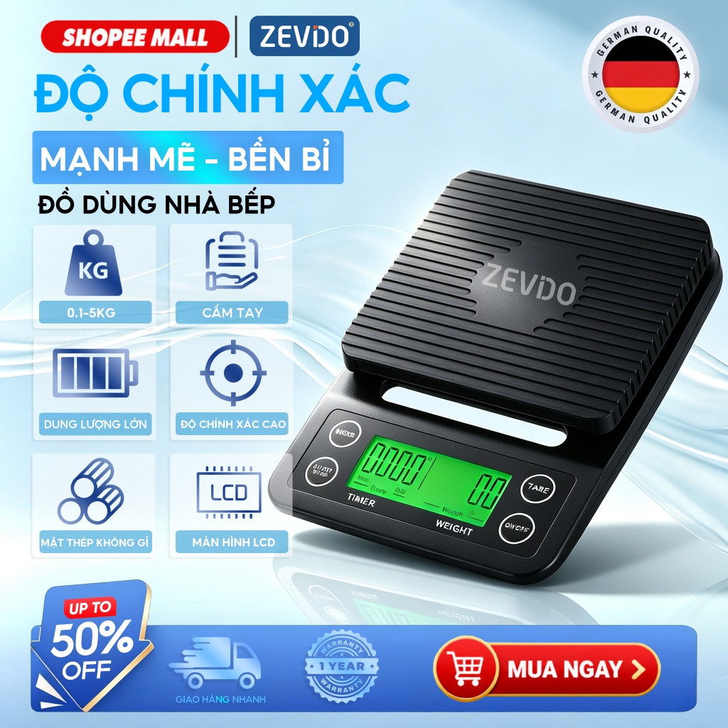 ZEVIDO Cân Cà Phê 5kg Độ Chính Xác 0.1g - CÂN CHUYÊN DỤNG Có Tính Giờ