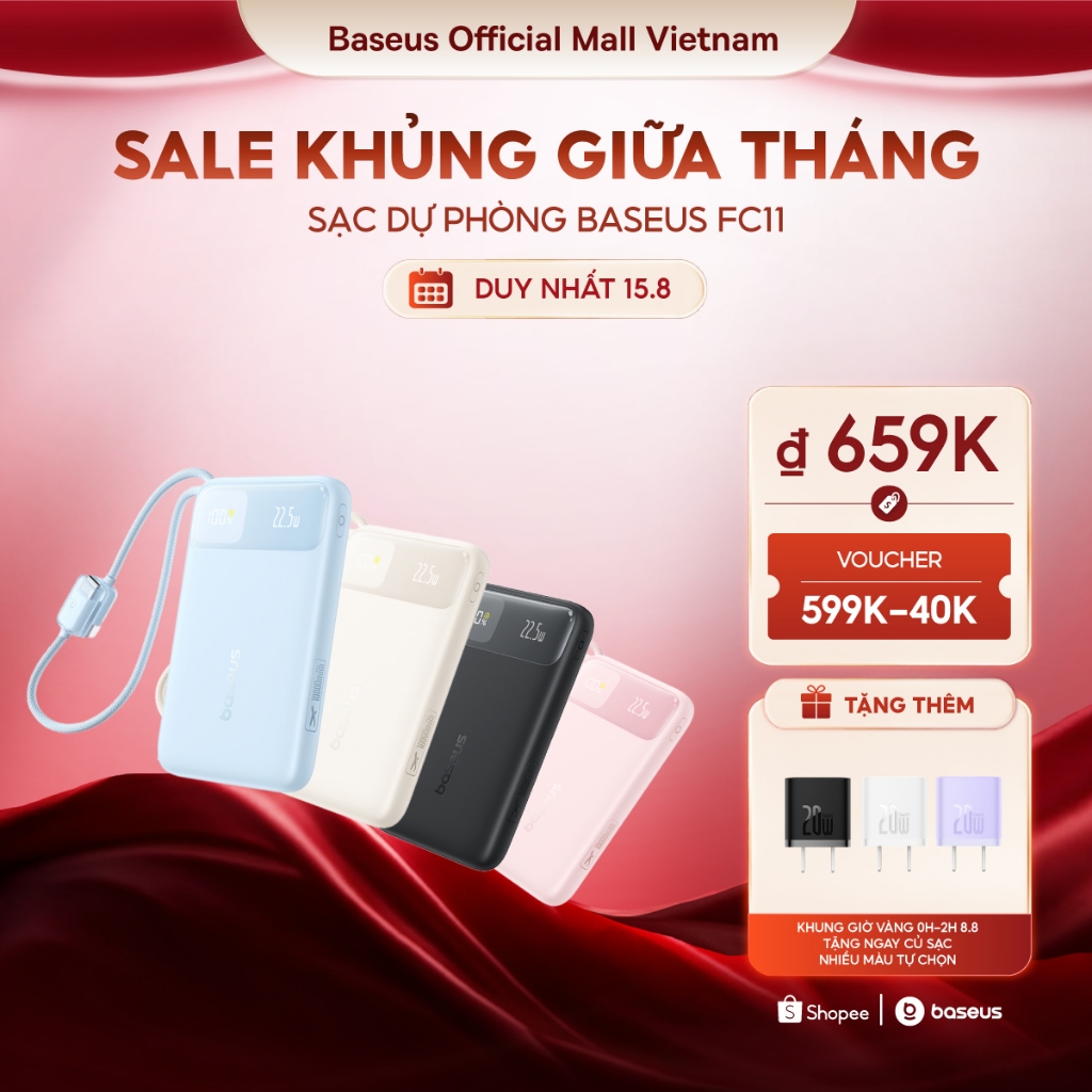 [MỚI VỀ - SẠC 3C SIÊU MỎNG] Sạc Dự Phòng Baseus FC11 10000mAh & 20000mAh 22.5W & 45W Chứng Nhận CCC, Mỏng Nhẹ Kèm 2 Cáp