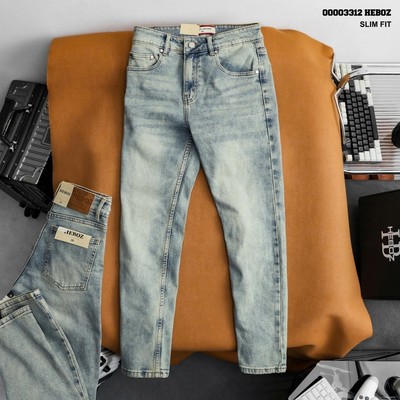 Quần jean nam HEBOZ dáng slim trơn D39 wash xanh dirty nhạt, quần dài denim co giãn - 00003312