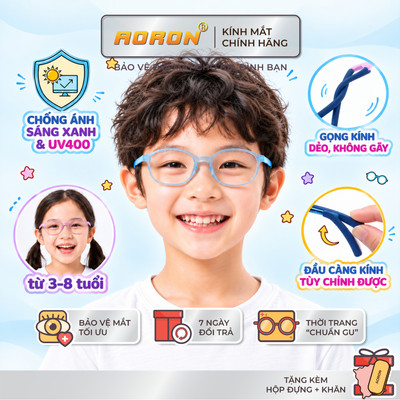 Kính Lọc Ánh Sáng Xanh Cho Bé AORON Gọng Dẻo Có Gài Tai Điều Chỉnh Chống Tuột, Tròng Kính Oval Dễ Thương AK209