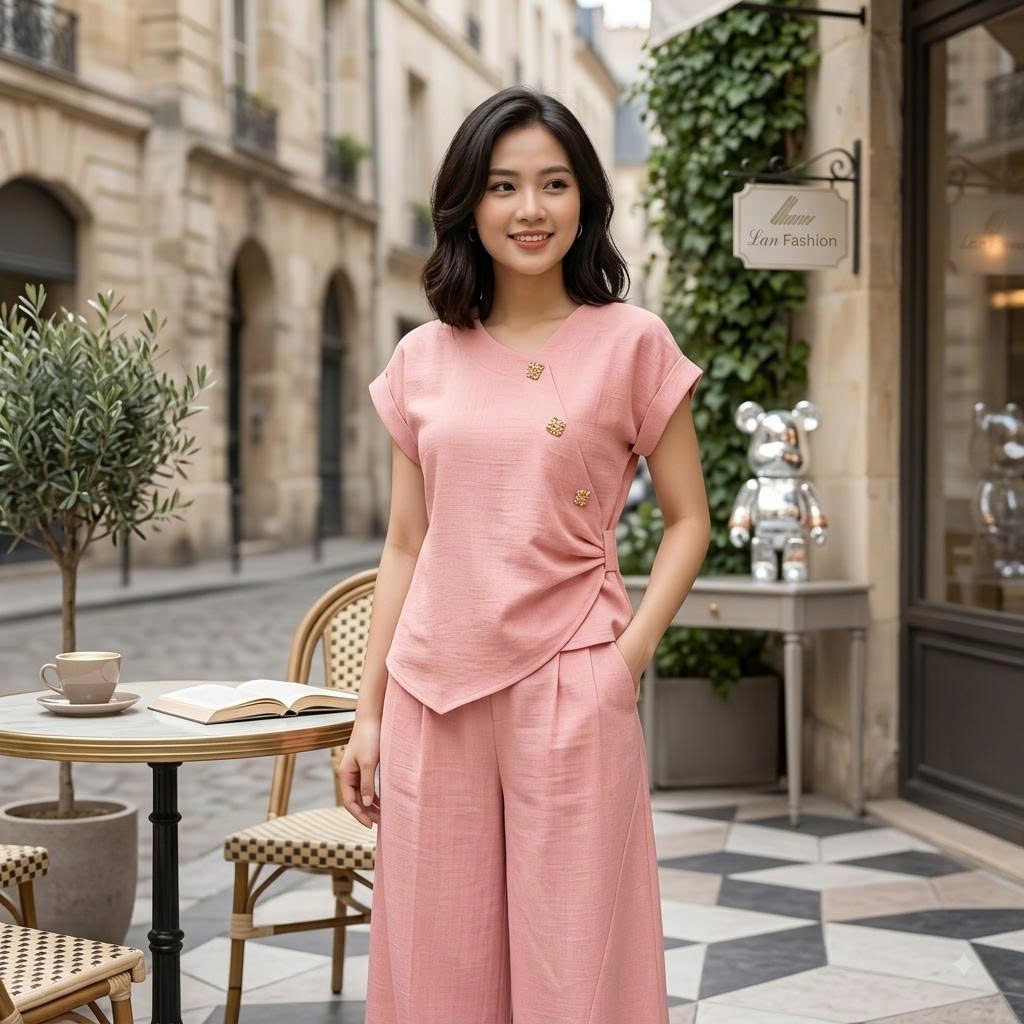 Bộ Thô Đũi Nữ LALALAND Áo Nhún Eo Quần Suông Ống Rộng Thanh Lịch