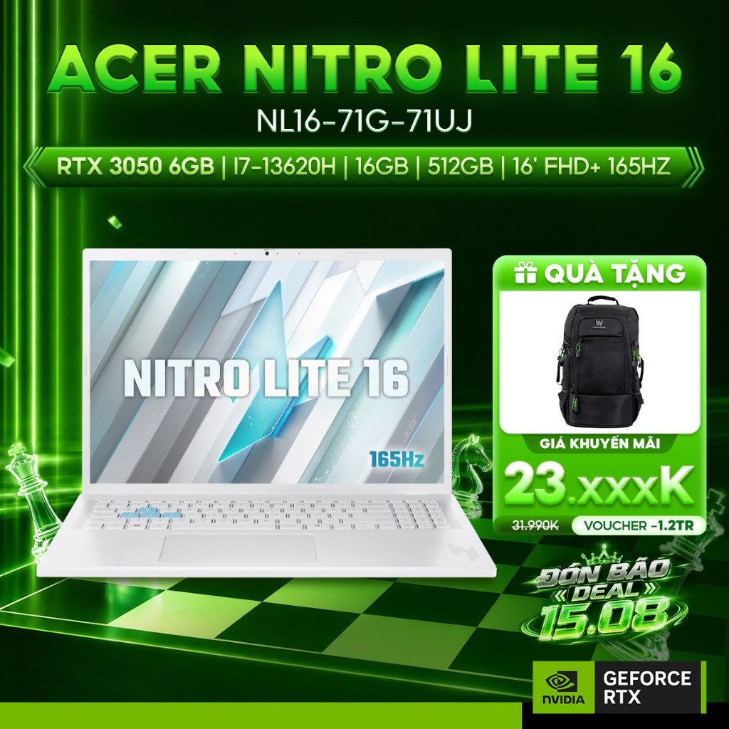 Laptop Gaming Acer Nitro Lite 16 NL16-71G-71UJ – i7 Gen 13, RTX 3050, màn 16″ 165Hz
